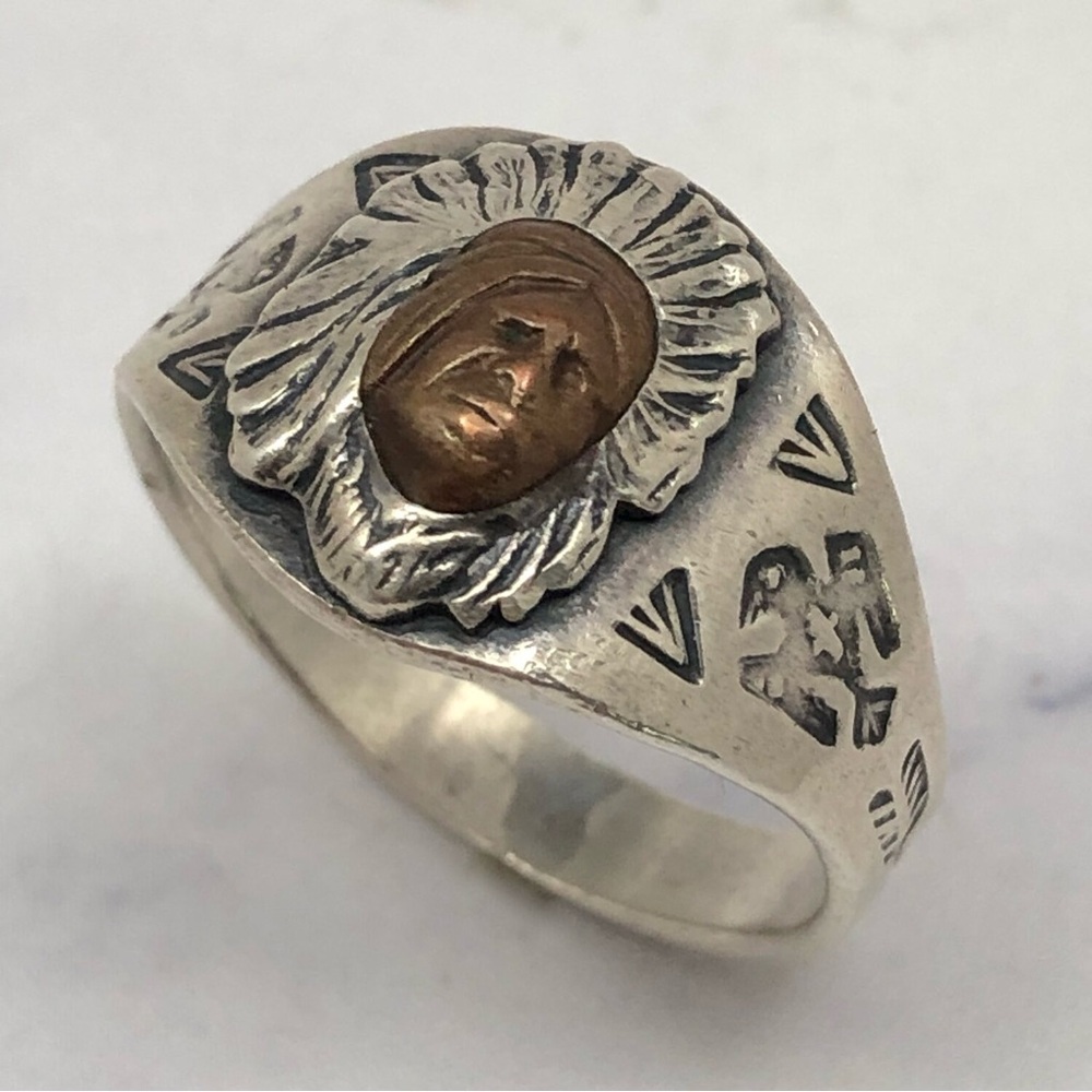 FRED HARVEY ERA Copper Face Indian Chief Sterling ring